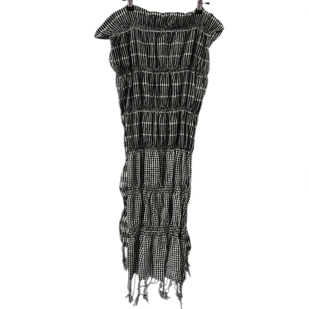 Smocked Black and White Plaid Striped Fashion Scarf with Fringe 70 x 25 inches